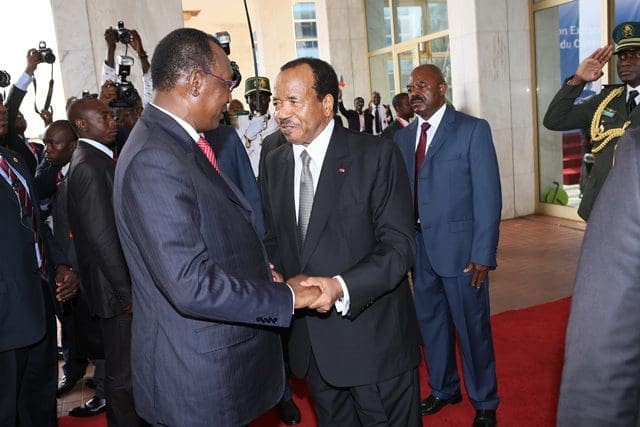 Cameroonian President Paul Biya (R, front) converses with Chadian President Idriss Deby Itno during the Economic Community of Central African States (ECCAS) leaders summit in Yaounde, capital of Cameroon, Feb. 16, 2015. The leaders of ECCAS agreed Monday in an extraordinary summit to provide Cameroon and Chad with an emergency aid of 50 billion FCFA (about 100 million U.S. dollars) to combat Boko Haram. (Xinhua/Fabrice Ngon)