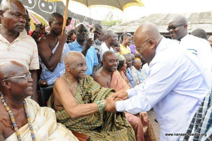 Paramount Chief of the Ngleshie Alata Traditional Area, Oblempong Nii Kojo Ababio V exchanging pleasantries with Nana Akufo-Addo