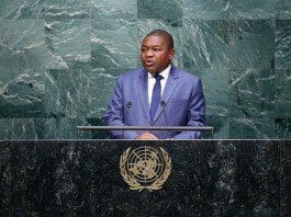 Mozambique's President Filipe Jacinto Nyusi speaks at the Sustainable Development Summit at United Nations headquarters in New York, the United States, Sept. 26, 2015. (Xinhua/Li Muzi) (lrz)
