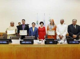 Chairman Lee of HWPL and Chairwoman Kim of IWPG with VIP Guests of the UN Conference