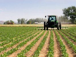 Agriculture tractor plowing field