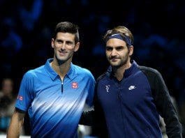 Novak Djokovic (L) of Serbia and Roger Federer of Switzerland pose ahead of the men's single's final at the ATP World Tour Finals at the O2 Arena in London, Britain, Nov. 22, 2015. Djokovic won 2-0. (Xinhua/Han Yan)