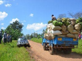 Photo taken on Nov. 26, 2015 shows a truck loaded with sacks of agricultural produce along the muddy Sironko-Mbale road at Bugusege trading centre, eastern Uganda. As a country where over 80% of the population relies on agriculture, the Uganda government is prioritizing growth of infrastructure to economically viable areas to ease access to the markets. (Xinhua/Daniel Edyegu)