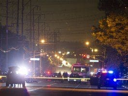 Police work on a street after a mass shooting at the Inland Regional Center in San Bernardino City of Southern California, the United States, Dec. 2, 2015. Two suspects, a male and a female, were dead and one possible suspect in custody after the deadly shooting that has killed at least 14 people and injured 17 others in San Bernardino City of Southern California Wednesday. (Xinhua/Yang Lei) (zw)