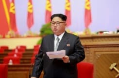 KCNA Via KNS/AFP North Korean leader Kim Jong-Un addresses the 7th Workers Party Congress at the 'April 25 Palace' in Pyongyang