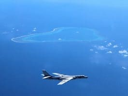 Undated photo shows a Chinese H-6K bomber patrolling islands and reefs including Huangyan Dao in the South China Sea. The People's Liberation Army (PLA) Air Force conducted a combat air patrol in the South China Sea recently, which will become a "regular" practice in the future, said a military spokesperson on July 18, 2016. The PLA sent H-6K bombers and other aircraft including fighters, scouts and tankers to patrol islands and reefs including Huangyan Dao, said Shen Jinke, spokesman for the PLA Air Force. (Xinhua/Liu Rui)