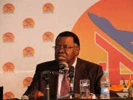 Namibian President Hage Geingob addresses at the inauguration ceremony of the Walvis Bay International Airport new Terminal Building at Walvis Bay, Namibia, on July 22, 2016. The airport's new building was built by Chinese construction company, New Era Investments at a cost of about 900 million Namibian dollars (62 million U.S. dollars) and now is able to handle a sustained passenger flow of 200 passengers per hour catering for one-million passengers per annum. Walvis Bay International Airport is the busiest airport at Namibia's coastline. (Xinhua/Wu Changwei)