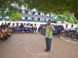 students and Mr David Nyaogbe, Co-Founder of the Ghana Society for the Protection and Care of Animals during the education session at Agbogba