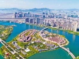 A bird’s eye view of Dongdu Port in Xiamen, where the ninth BRICS Summit is expected to be held in early September. (Photo by Wei Peiquan from Xinhua News Agency)