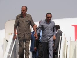 Abiy Ahmed (R), Ethiopian Prime Minister and Eritrean President Isaias Afwerki (L) disembark from a plane at Juba International Airport in Juba, capital of South Sudan, March 4, 2019. Abiy Ahmed and Isaias Afwerki on Monday visited South Sudan in a bid to consolidate the ongoing regional effort to restore peace and stability in the world's youngest republic. (Xinhua/Daniel Majack)