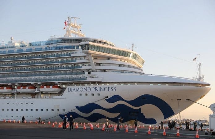 Photo taken on Feb. 6, 2020 shows the "Diamond Princess", a cruise ship which has been kept in quarantine at the port of Yokohama in Japan. Test results show that nine passengers and a crew member on a cruise ship quarantined off the coast in Japan are infected with the novel coronavirus, the Japanese health ministry said Wednesday. (Xinhua/Du Xiaoyi)