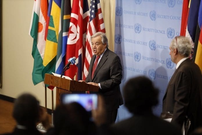 United Nations Secretary-General Antonio Guterres delivers a statement at the UN headquarters in New York, Jan. 6, 2020. Antonio Guterres on Monday called on parties concerned to exercise maximum restraint to stop escalation of global tensions. (Xinhua/Li Muzi)