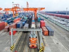 A China-Europe freight train loaded with electronic products departs from the Chengdu International Railway Port, starting a 13-day journey to its destination Tilburg, the Netherlands, Feb. 19, 2020. Photo by Bai Guibin, People’s Daily Online