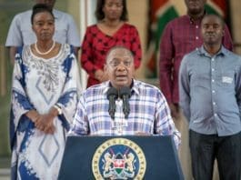 Kenyan President Uhuru Kenyatta (front) addresses a televised news conference in Nairobi, Kenya, March 15, 2020. Kenyan President Uhuru Kenyatta has announced stringent measures to help contain the spread of the deadly coronavirus after two new cases were confirmed on Sunday. Sub-Saharan Africa reported more novel coronavirus (COVID-19) cases on Sunday amid stronger countermeasures against the pandemic. (Xinhua)
