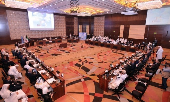 Participants attend the fifth meeting of the Directors General of Civil Aviation in the Middle East Region in Farwaniya Governorate, Kuwait, Nov. 4, 2019. Kuwait will witness rapid growth in passenger and cargo traffic over the next ten years, bringing annual revenues of about 800 million U.S. dollars, an official of Kuwaiti aviation authorities said on Monday. At the opening ceremony of the fifth meeting of the Directors General of Civil Aviation in the Middle East Region, Sheikh Salman Sabah Al-Salem Al-Humoud Al-Sabah, president of the Directorate General of Civil Aviation (DGCA) of Kuwait, said that it is estimated that the number of passengers in 2037 will reach about 42 million annually in Kuwait. (Photo by Asad/Xinhua)