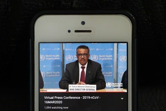 Photo taken in Brussels of Belgium on March 16, 2020 shows World Health Organization (WHO) Director-General Tedros Adhanom Ghebreyesus speaking at a virtual press conference held in Geneva, Switzerland. More cases and deaths of COVID-19 have now been reported in the rest of the world than in China, the chief of the WHO said here on Monday, noting that a rapid escalation of the coronavirus cases has been seen in the past week. (Xinhua/Zheng Huansong)