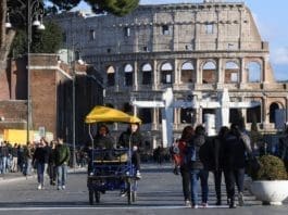 People walk near the Colosseum in Rome, Italy, March 8, 2020. A total of 6,387 people have tested positive for the coronavirus in Italy since the epidemic first broke out here over two weeks ago, the Civil Protection Department said Sunday. In addition, 366 people have died and 622 recovered, Civil Protection Department Chief Angelo Borrelli told reporters at a televised press conference. (Photo by Alberto Lingria/Xinhua)