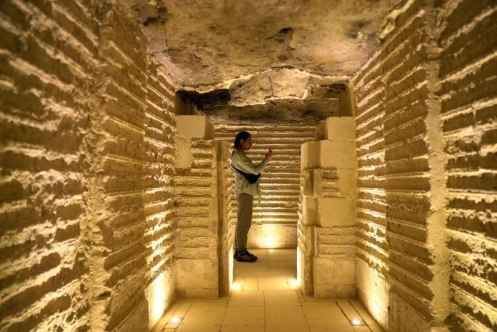 A visitor is seen inside the Step Pyramid in Saqqara necropolis, Giza province, Egypt, March 5, 2020. Egyptian Prime Minister Mostafa Madbouly inaugurated on Thursday the Step Pyramid of Djoser in the Saqqara necropolis near the capital Cairo, after the completion of its restoration. (Xinhua/Ahmed Gomaa)