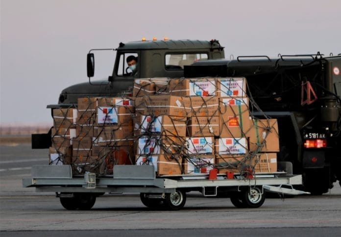 Bringing medical supplies offered to Kazakhstan from China, the team flew two military transport aircraft to Nursultan Nazarbayev International Airport on April 9. (Photo by Chinese embassy in Kazakhstan)