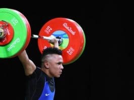 Luis Javier Mosquera Lozano of Colombia competes during the Men's 69kg Group A Weightlifting contest on Day 4 of the Rio 2016 Olympic Games.