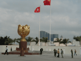 China’s national flag and the flag of the Hong Kong Special Administrative Region on the Golden Bauhinia Square in Hong Kong Photo by Qian Weixin/People's Daily Online