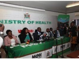 LUSAKA, March 18, 2020 (Xinhua) -- Chitalu Chilufya (C), Zambian Minister of Health addresses the press in Lusaka, capital of Zambia, March 17, 2020. The Zambian government announced Tuesday that it was closing all schools in view of the COVID-19 outbreak. Although Zambia has not recorded any COVID-19 case, the government has heightened its preparedness and surveillance against the COVID-19. (Xinhua)