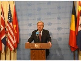 UNITED NATIONS, Feb. 28, 2020 (Xinhua) -- United Nations Secretary-General Antonio Guterres attends a press encounter at the UN headquarters in New York, on Feb. 28, 2020. The latest attacks in opposition-held northwest Syria marks "one of the most alarming moments" in the nearly nine-year-old conflict, Guterres said on Friday. (Xinhua/Wang Jiangang)