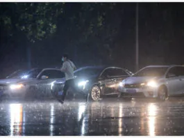 BEIJING, Aug. 12, 2020 (Xinhua) -- A man runs in rain in Daxing District, Beijing, capital of China, Aug. 12, 2020. Beijing meteorological authorities issued a yellow alert for rainstorms, forecasting that torrential rain would batter the Beijing-Tianjin-Hebei region between Wednesday and Thursday. (Xinhua/Peng Ziyang)