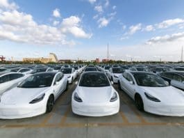 Photo taken on Oct. 19, 2020 shows the Tesla China-made Model 3 vehicles which will be exported to Europe at Waigaoqiao port in Shanghai, east China, Oct. 19, 2020. U.S. carmaker Tesla announced on Monday that it would export the made-in-China Model 3 to Europe, marking another important milestone for its Shanghai Gigafactory. The first batch of exported sedans will leave Shanghai next Tuesday and arrive at the port of Zeebrugge in Belgium at the end of November before being sold in European countries, including Germany, France, Italy, Spain, Portugal, and Switzerland. (Xinhua/Wang Xiang)