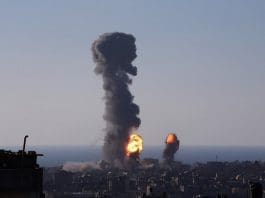Photo taken on May 13, 2021 shows explosions following Israeli airstrikes in the southern Gaza Strip city of Rafah. (Photo by Khaled Omar/Xinhua)