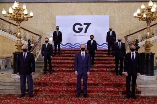 Representatives 33 Representatives pose for a group photo during the meeting of the Group of Seven (G7) foreign and development ministers at Lancaster House in London, Britain, on May 4, 2021. (Andrew Parsons/No 10 Downing Street/Handout via Xinhua)