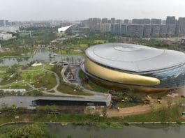 Photo taken on August 10, 2021, shows the construction site of the Grand Canal Asian Games Park, which will soon be completed, in Hangzhou, east China’s Zhejiang province. (Photo by Pan Haisong/People’s Daily Online)
