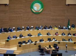 Photo taken on Feb. 5, 2022 shows the 35th Ordinary Session of the African Union (AU) Assembly in Addis Ababa, Ethiopia. The 35th Ordinary Session of the AU Assembly kicked off here on Saturday as African leaders met physically for the first time since the onset of the ongoing COVID-19 pandemic. The two-day summit, slated from Feb. 5 to 6 at the headquarters of the AU in the Ethiopian capital Addis Ababa, is being held under the theme of the year "Building Resilience in Nutrition on the African Continent: Accelerate the Human Capital, Social and Economic Development." (Xinhua/Michael Tewelde)