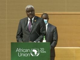 African Union Commission Chairperson Moussa Faki Mahamat (Front) speaks at the 41st Ordinary Session of the Executive Council of the African Union in Lusaka, Zambia, on July 14, 2022. The 41st Ordinary Session of the Executive Council of the African Union (AU) opened in Lusaka Thursday with the host country calling on African countries to enhance agricultural production in order to tackle food insecurity. (Xinhua/Martin Mbangweta)