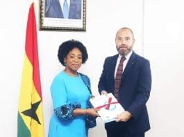 Madam Shirley Ayorkor Botchwey (left) receiving the documents from Mr Hector Sucilla Perez