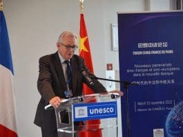 Pierre Laurent, president of the National Council of the French Communist Party, delivers a speech at a luncheon party of the first China-French forum hosted by the Chinese Embassy in France, Nov. 15, 2022. (Photo by Liu Lingling/People's Daily)