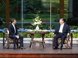 Chinese President Xi Jinping and French President Emmanuel Macron have tea by the water, enjoying the view and discussing the past and present, at the Pine Garden in Guangzhou, south China's Guangdong Province, April 7, 2023. Xi held an informal meeting with Macron on Friday in Guangzhou, the capital of Guangdong Province in south China. (Xinhua/Huang Jingwen)