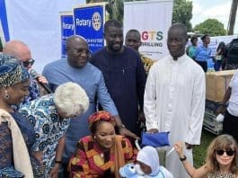 Her Excellency Samira Bawumia(centre) with a wheelchair recipient, Sister Elizabeth Newman on her left, H.E Berenice Owen- Jones (right).