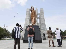 Tourists visit the Kwame Nkrumah Memorial Park in Accra, capital of Ghana, July 4, 2023. Ghana on Tuesday reopened the Kwame Nkrumah Memorial Park, a major cultural heritage in the capital city of Accra to memorize the country's first president, in the hope of boosting tourism. The park, first opened in 1992, has just completed its refurbishment under the Ghanaian government's five-year project to boost tourism and hospitality as critical drivers of socio-economic development. (Photo by Seth/Xinhua)