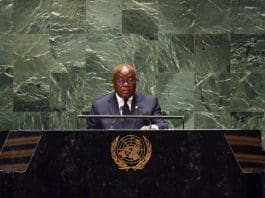 Ghanaian President Nana Addo Dankwa Akufo-Addo delivers a speech at the General Debate of the 78th session of the UN General Assembly at the UN headquarters in New York, on Sept. 20, 2023. (Xinhua/Li Rui)
