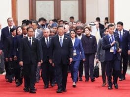 Chinese President Xi Jinping and distinguished guests arrive to attend the opening ceremony of the third Belt and Road Forum for International Cooperation at the Great Hall of the People in Beijing, capital of China, Oct. 18, 2023. Xi on Wednesday attended the opening ceremony of the third Belt and Road Forum for International Cooperation and delivered a keynote speech. (Xinhua/Wang Ye)