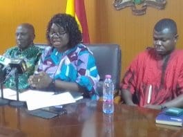 The dean of Bono MDCEs Kofi Adjei (MCE for Berekum) Bono Minister, Justina Owusu Banahene and NPP Bono Deputy Secretary Isaac Kwame Benkae