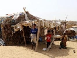 Children are pictured in front of their hut at a refugee camp in the Midi District of Hajjah Province, northern Yemen, on Aug. 16, 2023. (Photo by Mohammed Al-Wafi/Xinhua)