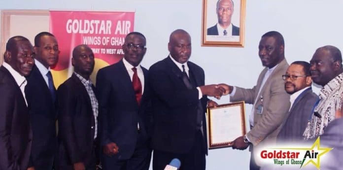 Current Deputy Director General Mr. Daniel Acquah-extreme right, former Deputy Director General of Ghana Civil Aviation Authority, Mr. Martey Boye Atoklo-third, presenting the Air Carrier Licence to CEO of Goldstar Air, Mr. Eric Bannerman-fourth. The rest are staff of Goldstar Air and Ghana Civil Aviation Authority Current Deputy Director General Mr. Daniel Acquah-extreme right, former Deputy Director General of Ghana Civil Aviation Authority, Mr. Martey Boye Atoklo-third, presenting the Air Carrier Licence to CEO of Goldstar Air, Mr. Eric Bannerman-fourth. The rest are staff of Goldstar Air and Ghana Civil Aviation Authority