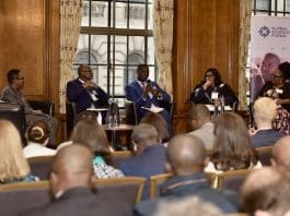 From left to right: Alicia Herbert OBE (FCDO); Hon. Minister Conrad Sackey (Sierra Leone); Hon. Minister Dr. Yaw Osei Adutwum (Ghana); Hon. Minister Jarso Jallah (Liberia); and panel moderator, Dr. Vongai Nyahunzvi (Alliance for Women and Girls), speaking at Global Schools Forum side event in London.