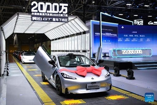 This photo taken on July 3, 2023 shows China's 20 millionth new energy vehicle (NEV) produced by GAC Aion New Energy Automobile Co., Ltd. in Guangzhou, south China's Guangdong Province. China's 20 millionth NEV rolled off the production line on Monday in Guangzhou, creating a remarkable milestone for the country's NEV sector. (Xinhua/Deng Hua) This photo taken on July 3, 2023 shows China's 20 millionth new energy vehicle (NEV) produced by GAC Aion New Energy Automobile Co., Ltd. in Guangzhou, south China's Guangdong Province. China's 20 millionth NEV rolled off the production line on Monday in Guangzhou, creating a remarkable milestone for the country's NEV sector. (Xinhua/Deng Hua)