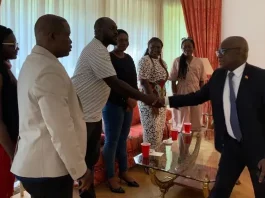 Ambassador Francis Kotia welcoming members of the delegation to his residence.