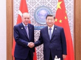 Chinese President Xi Jinping meets with Turkish President Recep Tayyip Erdogan on the sidelines of the Shanghai Cooperation Organization summit in Astana, Kazakhstan, July 4, 2024. (Xinhua/Pang Xinglei)