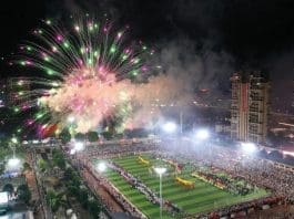 A firework show is staged during the final competition of the Village Super League (VSL) in Rongjiang county, southwest China's Guizhou province, July 20, 2024. (Photo by Yang Wenshu/People's Daily Online)