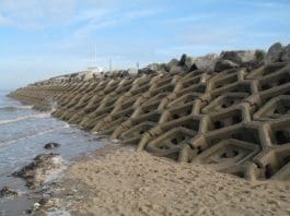 This picture shows an example of a Sea Defense. Constructing a similar one for Ekon and other coastal communities in Ghana will save them from further destruction. Photo Credit: Geograph